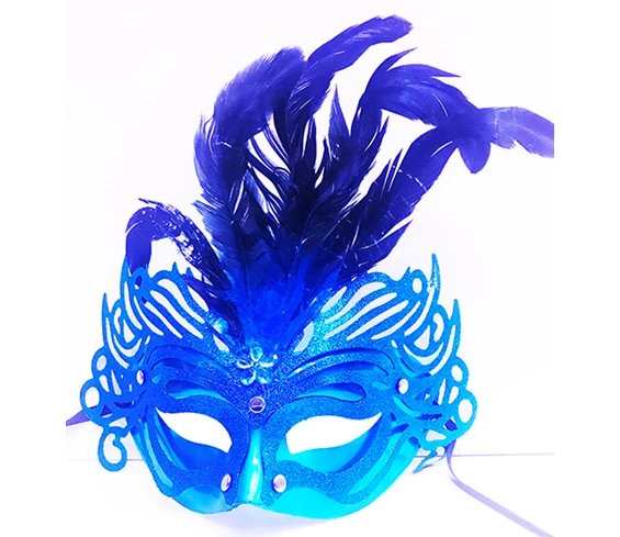 Needion - Metalize Mavi Renk Tüylü Lüks Venedik Parti Balo Maskesi