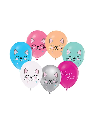 Needion - Miss Cat Temalı Pastel Balon Kedi Baskılı Karışık Renk (20 Adet)