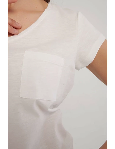 Needion - Modaset Kadın Beyaz V Yaka Cep Detaylı T-shirt