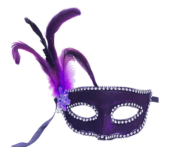 Needion - Mor Renk Kumaş Kaplama Yandan Tüylü Yılbaşı Parti Maskesi