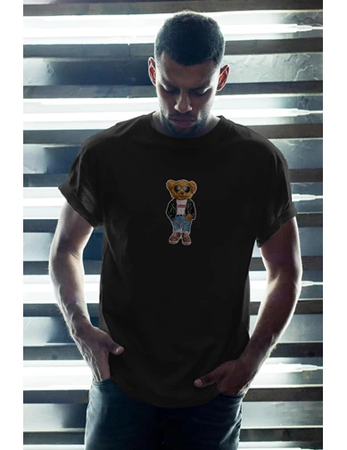 Needion - Nice Bear Siyah Erkek Oversize Tshirt - Tişört