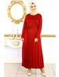 Needion - Önden İnci İşlemeli Piliseli Tesettür Elbise Bordo S 