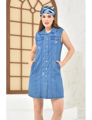 Needion - Önden ve Yandan Cepli Yıkamalı Açık Mavi Kadın Kot Elbise