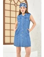 Needion - Önden ve Yandan Cepli Yıkamalı Açık Mavi Kadın Kot Elbise Açık Mavi 46