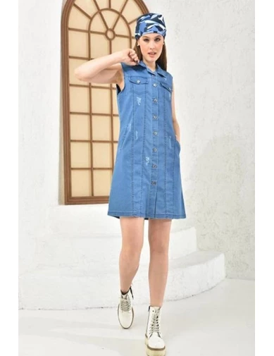 Needion - Önden ve Yandan Cepli Yıkamalı Açık Mavi Kadın Kot Elbise