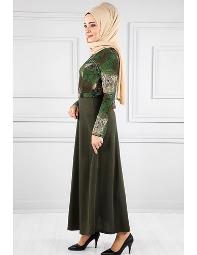 Needion - Önü Şerit Desenli Tesettür Elbise RB20134 Haki