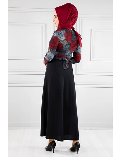 Needion - Önü Şerit Desenli Tesettür Elbise RB20134 Siyah