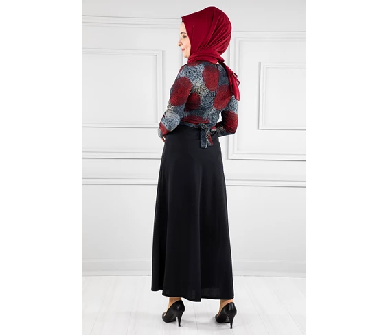 Needion - Önü Şerit Desenli Tesettür Elbise RB20134 Siyah