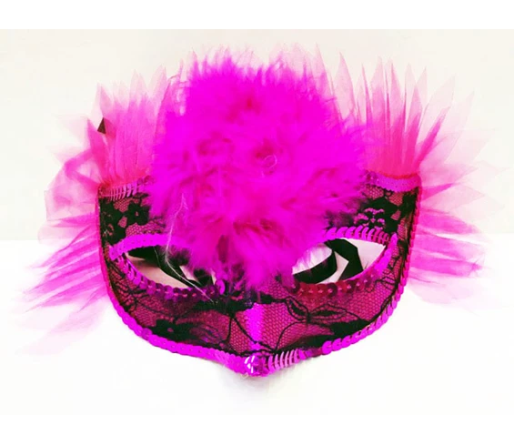 Needion - Pembe Renk Pembe Tüllü Pul İşlemeli Yılbaşı Parti Maskesi