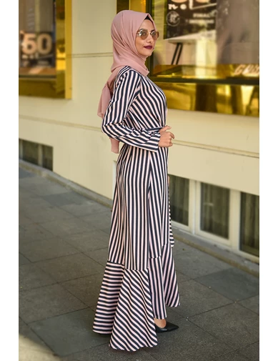 Needion - Pile Detay Çizgili Tesettür Elbise MN2159 Pudra