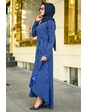 Needion - Pile Detay Çizgili Tesettür Elbise MN2159 Saks 52 