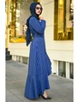 Needion - Pile Detay Çizgili Tesettür Elbise MN2159 Saks 52 