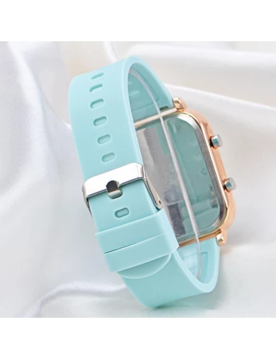 Needion - Pinkoli Turkuaz Silikon Kordonlu Led Watch Genç Kız Kadın Kol Saati ST-304104