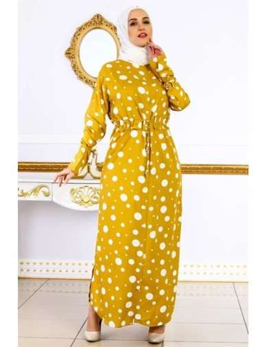 Needion - Puantiye Desenli Tesettür Elbise Sarı