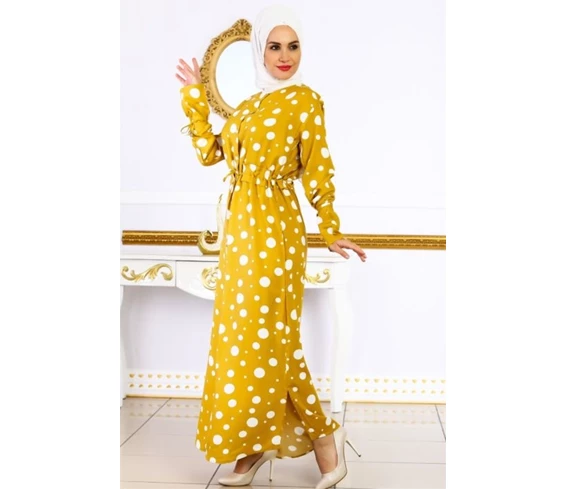 Needion - Puantiye Desenli Tesettür Elbise Sarı