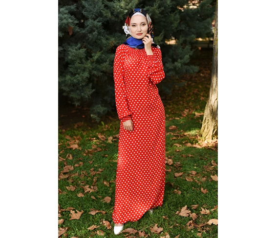 Needion - Puantiye Desenli Tesettür Elbise SY8001 Kırmızı