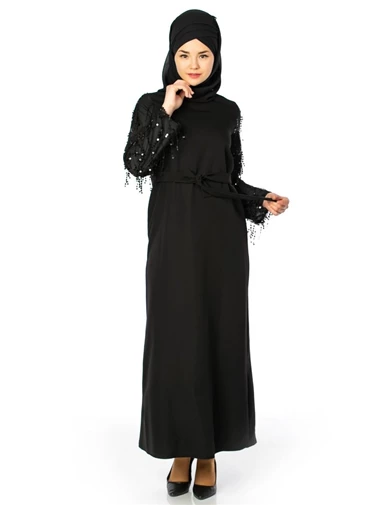 Needion - Pul Payetli Tesettür Abiye Elbise Siyah