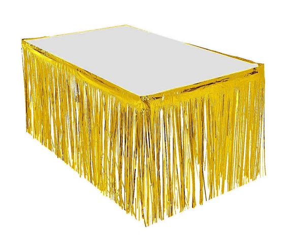 Needion - Püsküllü Işıltılı Metalize Altın Renk Masa Eteği 75 cm x 4 m