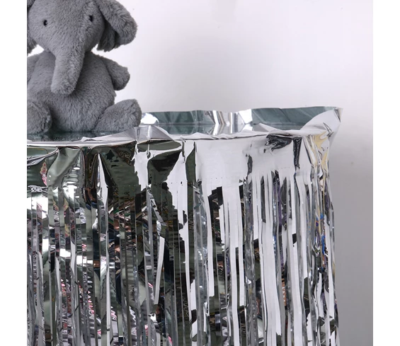 Needion - Püsküllü Işıltılı Metalize Gümüş Renk Masa Eteği 75 cm x 4 m