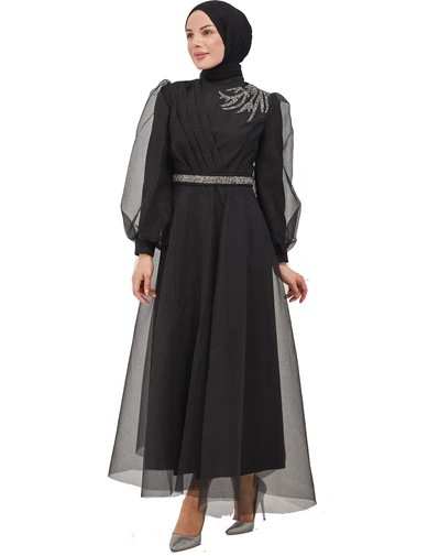 Needion - Simli Tül Kumaş Taş İşleme Detaylı Tesettür Abiye Elbise