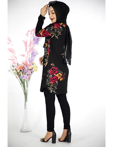 Needion - Siyah Çiçek Desen Krep Tesettür Tunik Siyah