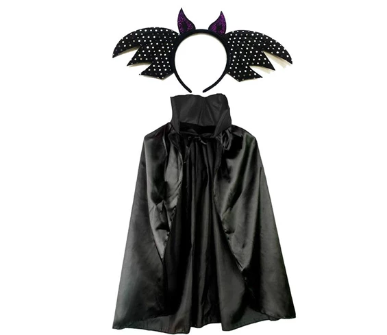 Needion - Siyah Renk 90 cm Vampir Pelerini ve Siyah Yarasa Tacı