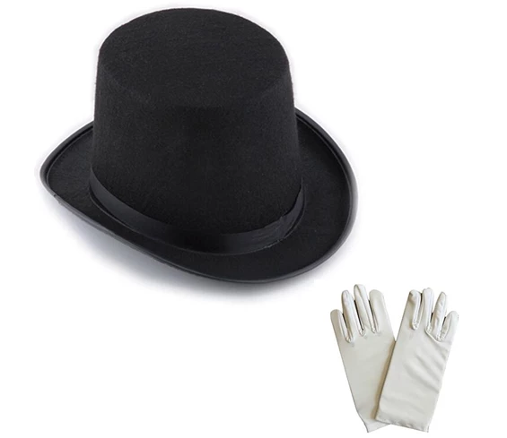 Needion - Siyah Sihirbaz Fötr Şapka - 1 Çift Beyaz Sihirbaz Eldiveni - Yetişkin Boy