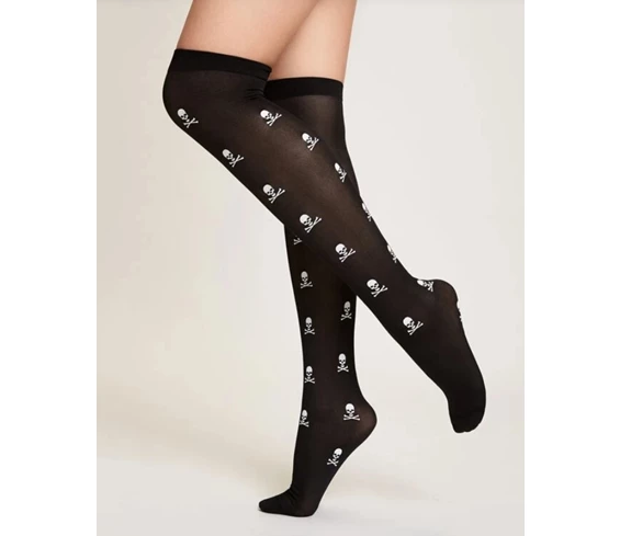 Needion - Siyah Üzeri Beyaz Kuru Kafalı Cadılar Bayramı Halloween Çorap 1 Çift