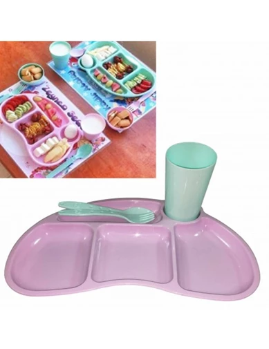 Needion - Tabldot Çocuk Yemek Plastik Tabldot Set 4 Parça - Bölmeli Bardak Çatal Kaşıklı