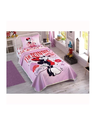 Needion - Taç Lisanslı Tek Kişilik Pike Takımı Minnie Mouse Pink Heart