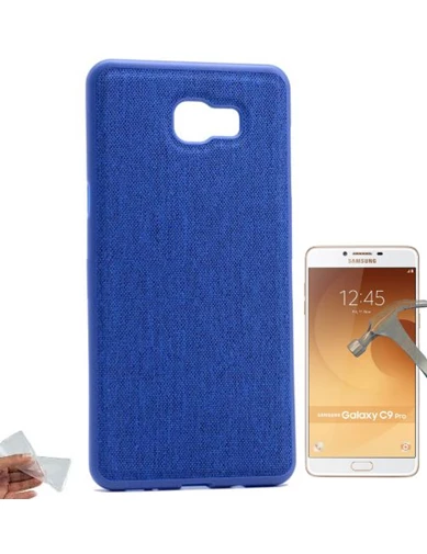 Needion - Teleplus Samsung Galaxy C9 Pro Kumaş Kaplama Silikon Kılıf   Cam Ekran Koruyucu