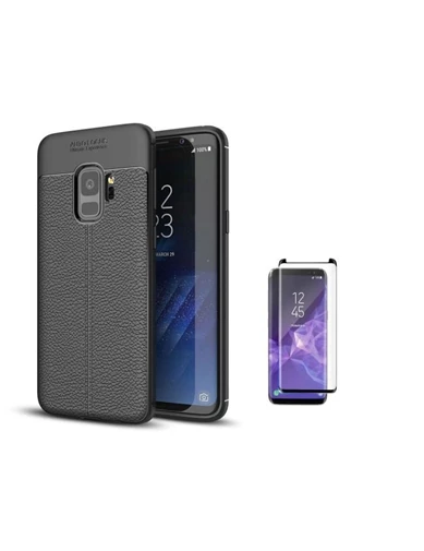 Needion - Teleplus Samsung Galaxy S9 Kılıf Deri Dokulu Silikon    Kenarı Kısa Cam Ekran Koruyucu