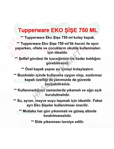 Needion - Tupperware EKO ŞİŞE 750 ML MATARA SULUK WATER BOTTLE HSGL