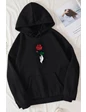 Needion - Unisex Siyah Rose Baskılı Kapşonlu Sweatshirt S-M Siyah