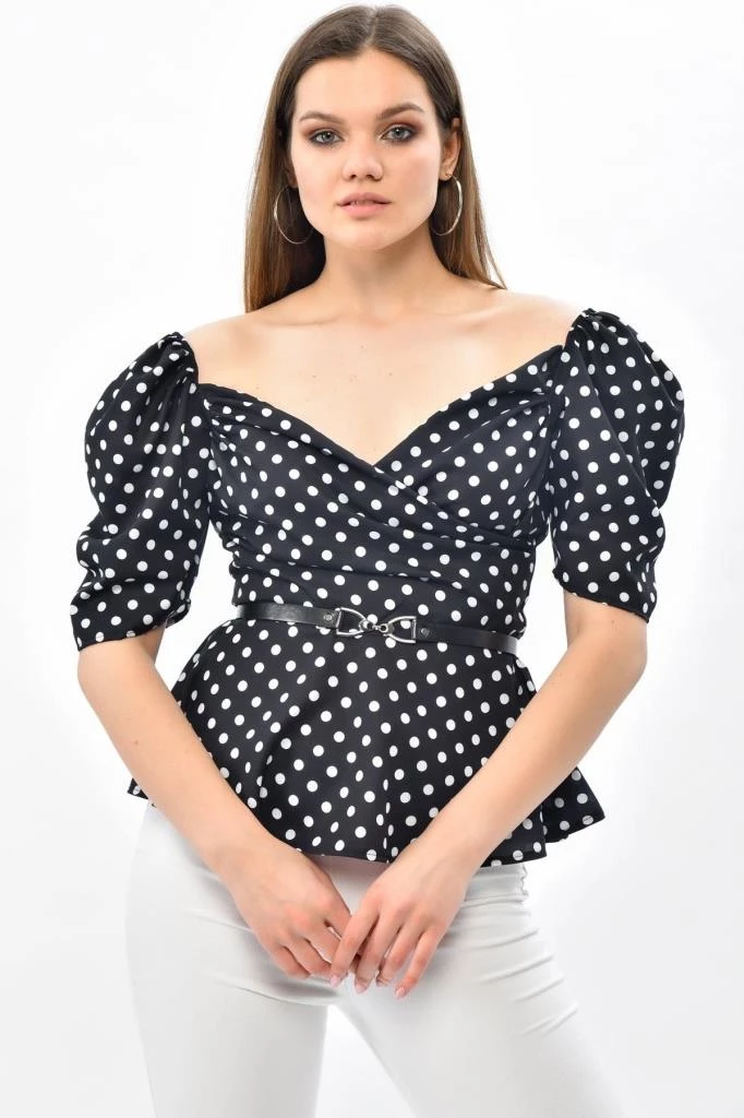 Needion - Volen Kollu V Yaka Küçük Puantiyeli ve Kemerli Siyah Kadın Büstiyer