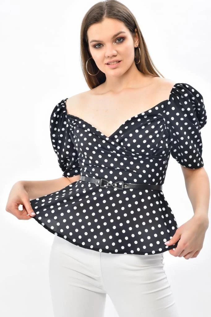 Needion - Volen Kollu V Yaka Küçük Puantiyeli ve Kemerli Siyah Kadın Büstiyer