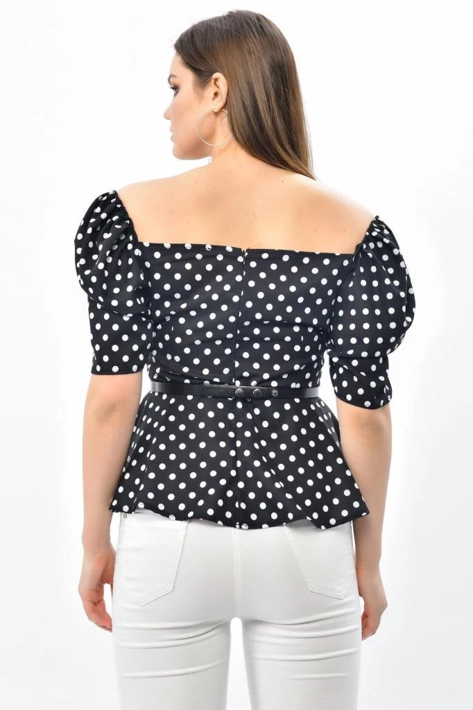 Needion - Volen Kollu V Yaka Küçük Puantiyeli ve Kemerli Siyah Kadın Büstiyer