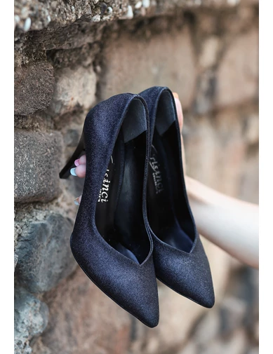 Needion - Xina Siyah Cilt  Simli Stiletto Ayakkabı