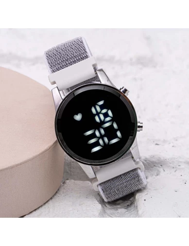 Needion - Yeni Trend Cırtlı Yapışır Kanvas Kordon Gri renk Dijital Bileklik Saat ST-304057