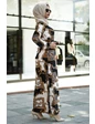 Needion - Zincir Desenli Beli Kuşaklı Tesettür Elbise AZ1015 Krem L-XL 